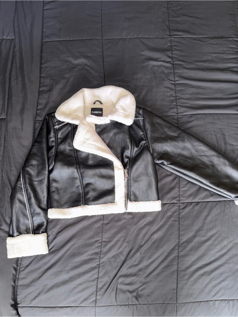 Black Faux Leather Jacket with White Sherpa Trim